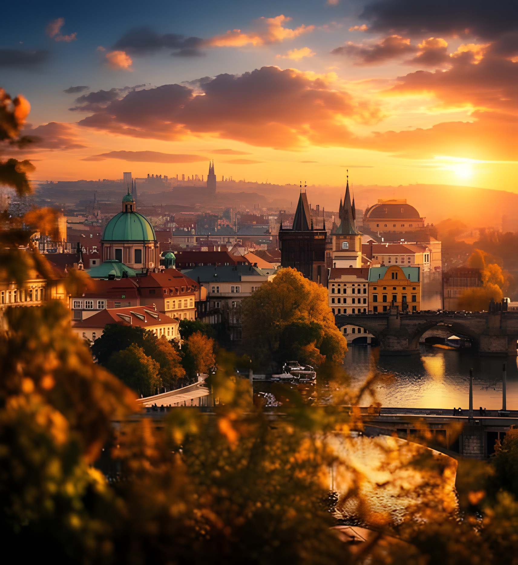 Prague skyline at sunset — Charles Bridge and Malá Strana